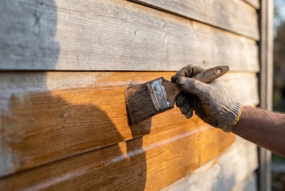 Brush applying stain to cedar lap siding with a wet edge along the board