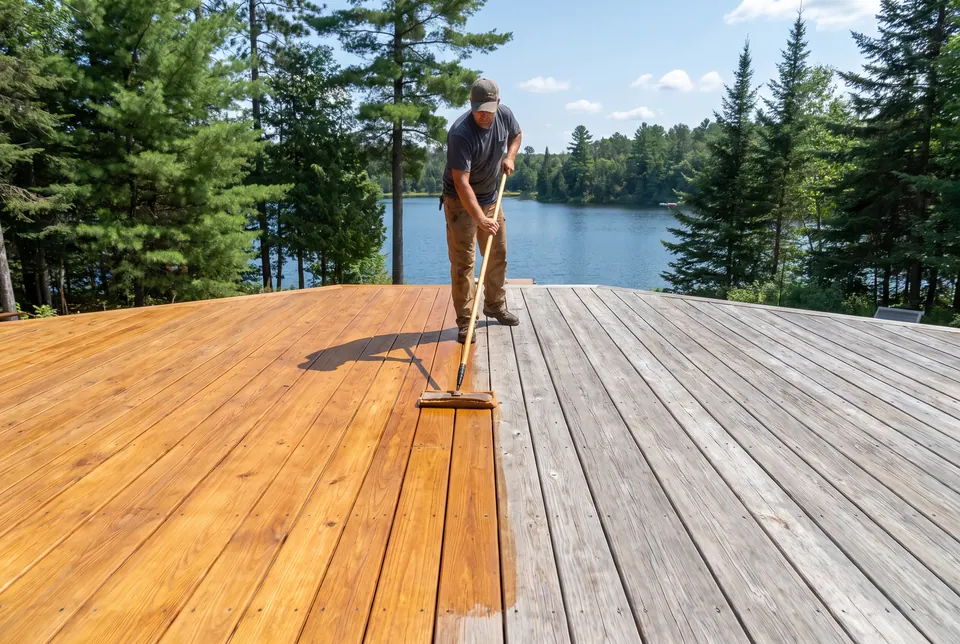 Pad applicator spreading stain along cedar deck boards with a lake in the background