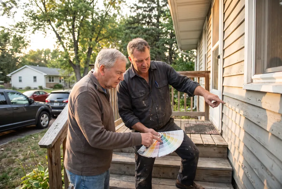 A contractor and a homeowner looking at a fan deck of paint colors on the front steps