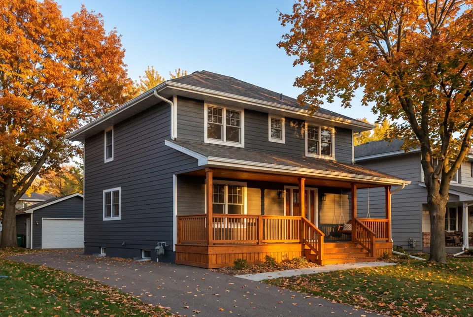 Freshly painted two-story exterior with charcoal siding and white trim
