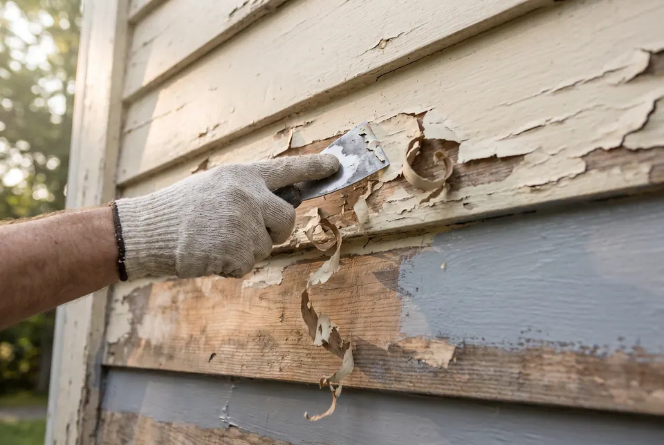 Painter scraping loose paint from lap siding next to a can of primer, with bare wood showing where the old coating let go.