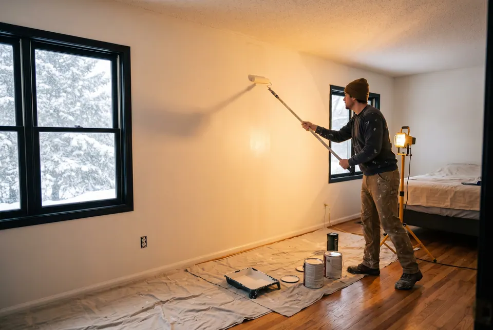 Painter rolling a bedroom wall in a light color while snow sits on the ground outside the window.