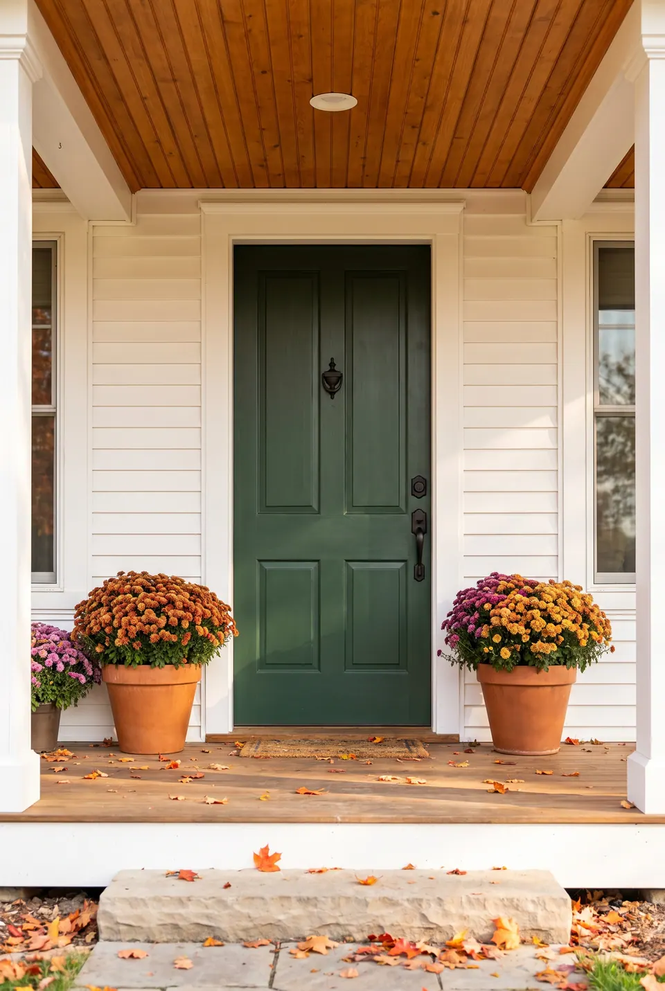 Deep green painted front door on a white farmhouse-style porch with black hardware and a wood step.
