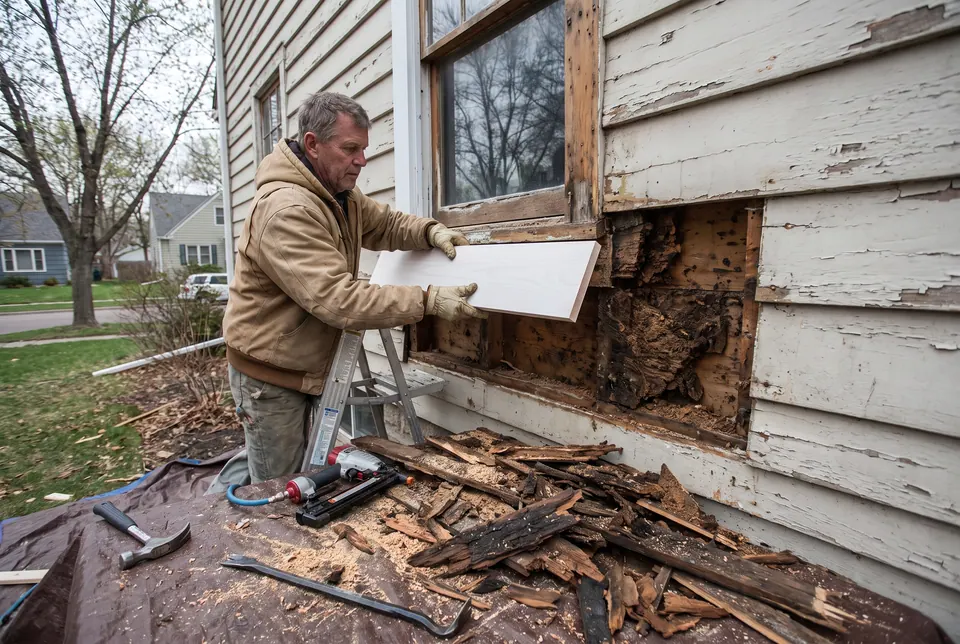 A carpenter fitting a new primed trim board where a rotted board was removed beside a window